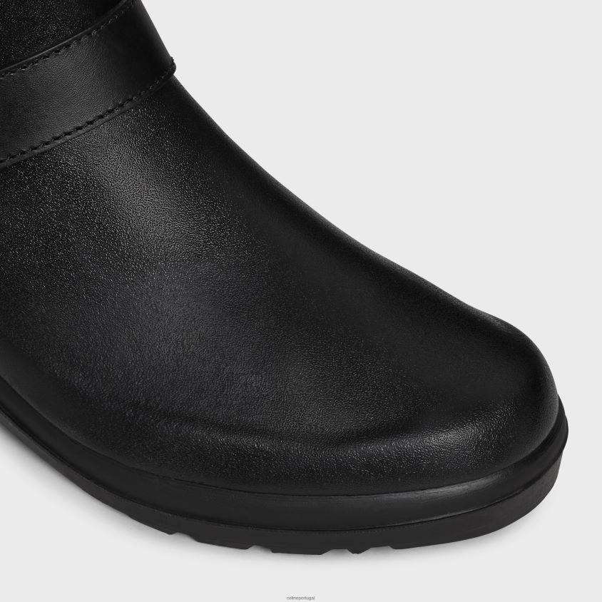 mulheres calçados CELINE botas de chuva média em borracha e couro de bezerro preto T204R930