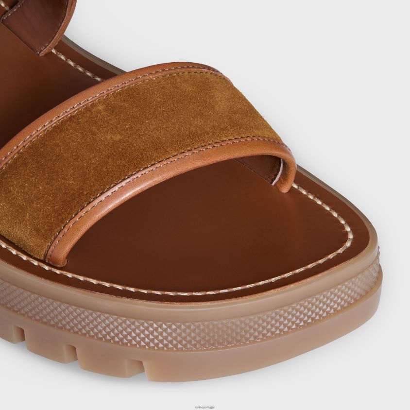 mulheres calçados CELINE sandália clea triomphe em couro de bezerrobronzeamento vegetal e camurça Havana claro/bronzeado T204R993