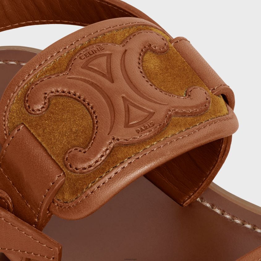 mulheres calçados CELINE sandália clea triomphe em couro de bezerrobronzeamento vegetal e camurça Havana claro/bronzeado T204R993