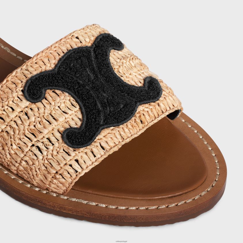 mulheres calçados CELINE sandália lympia com alça plana em ráfia e couro de bezerro bege/preto T204R986