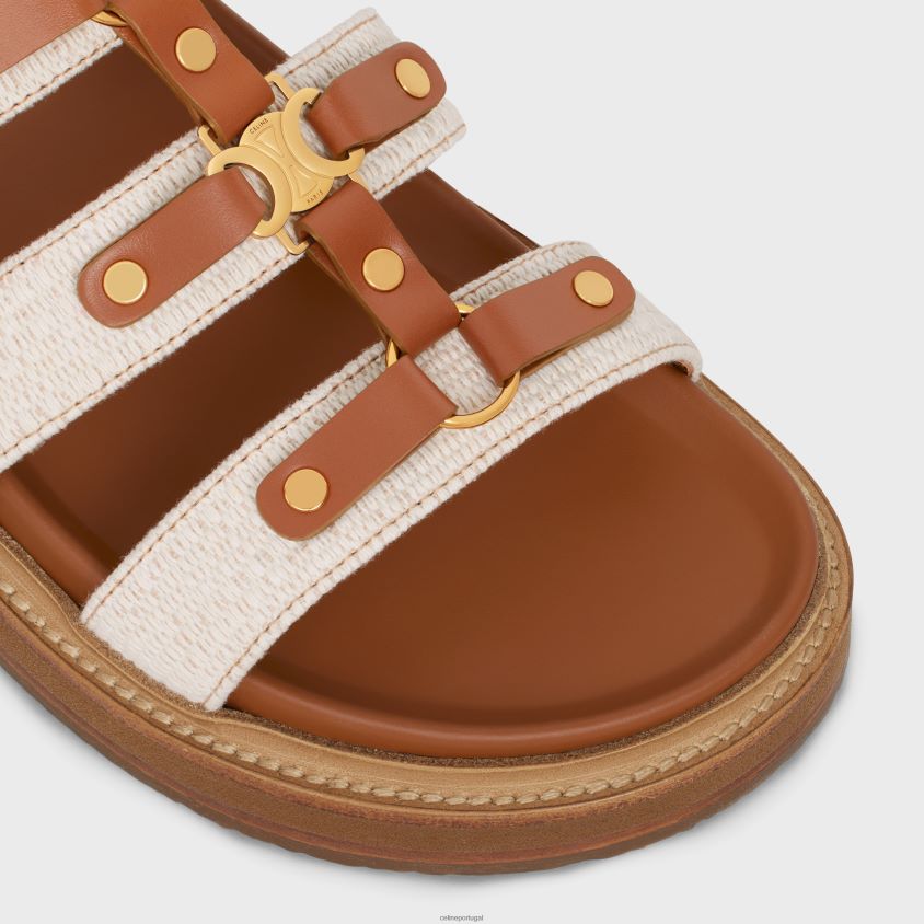 mulheres calçados CELINE slide tippi em lona e couro de bezerro natural/bronzeado T204R939