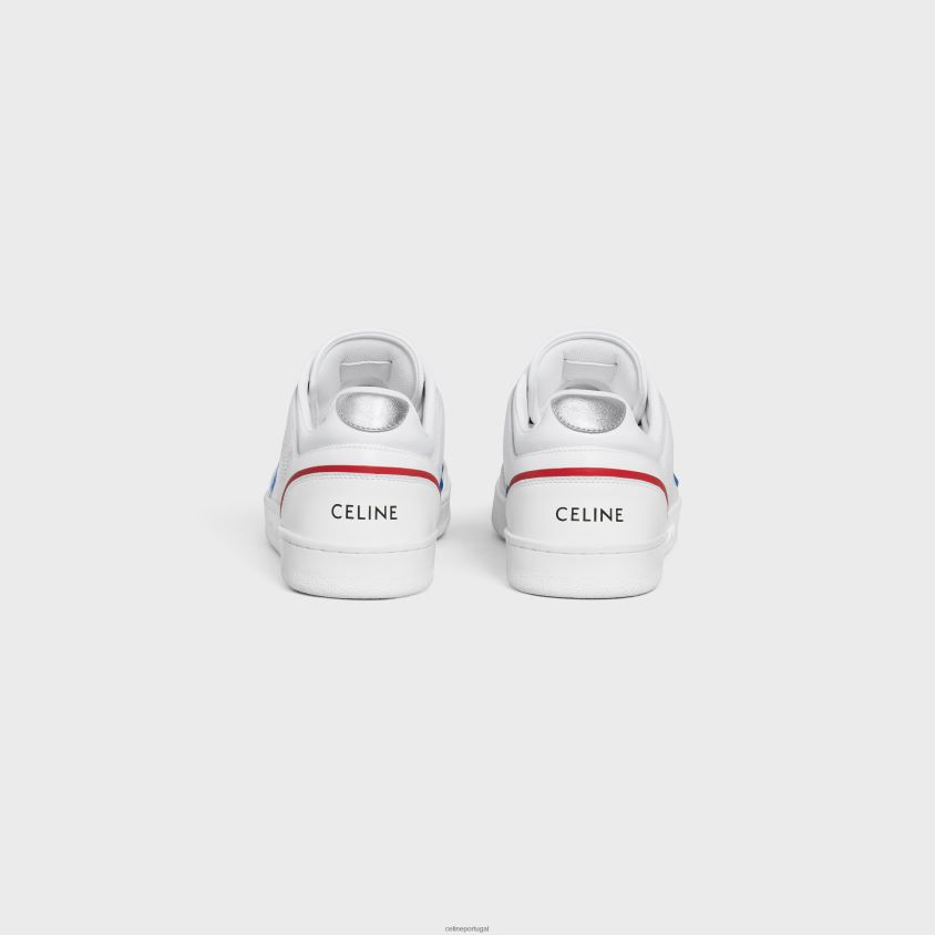 mulheres calçados CELINE tênis ct-10 trainer com cadarço baixo em couro de bezerro, couro de bezerro laminado e couro de bezerro camurça óptica branca/azul/vermelha/prata T204R948