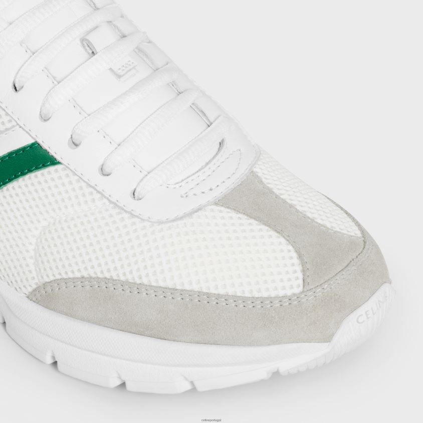 mulheres calçados CELINE tênis runner cr-01 com cadarço baixo em malha, couro de bezerro e camurça óptica branca/verde/cinza T204R914