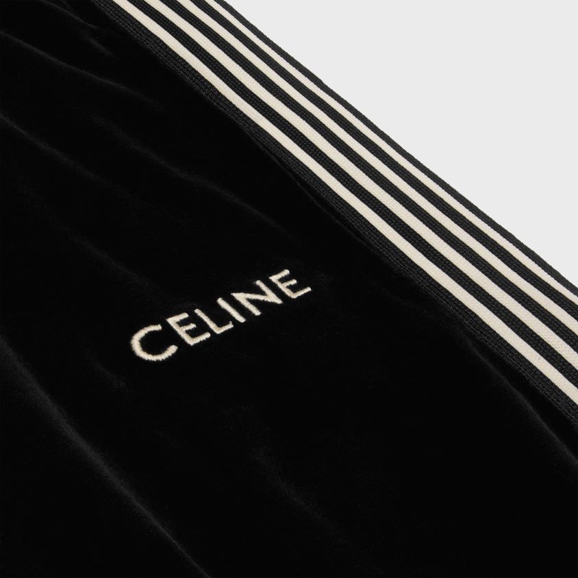 mulheres vestuário CELINE calça de treino em jersey de veludo Preto branco T204R601