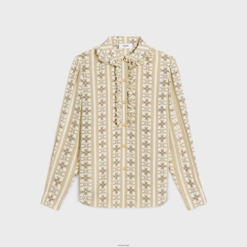 mulheres vestuário CELINE blusa com babados em crepe de chine marfim/caramelo/marron glace T204R578