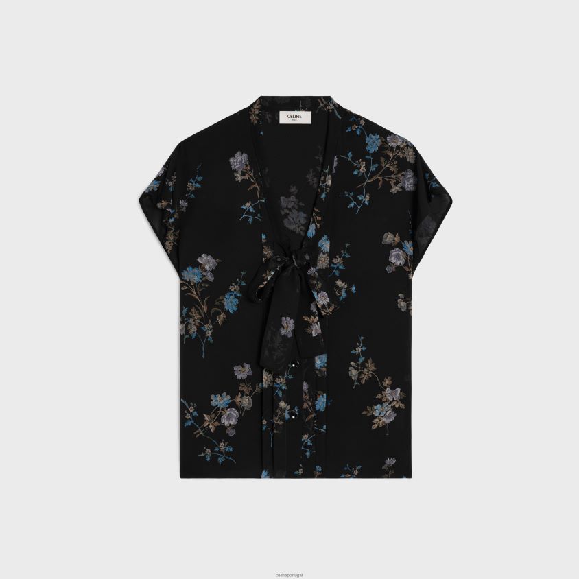 mulheres vestuário CELINE blusa lavalliere em georgette de seda preto/azul T204R841