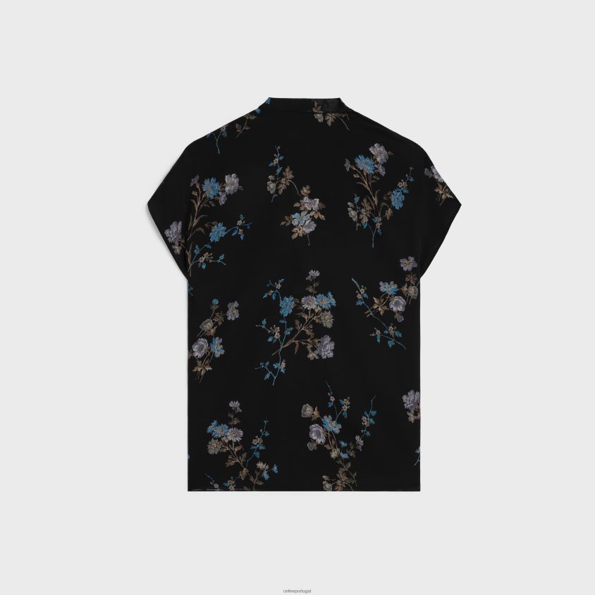 mulheres vestuário CELINE blusa lavalliere em georgette de seda preto/azul T204R841