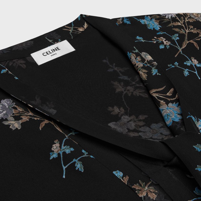 mulheres vestuário CELINE blusa lavalliere em georgette de seda preto/azul T204R841