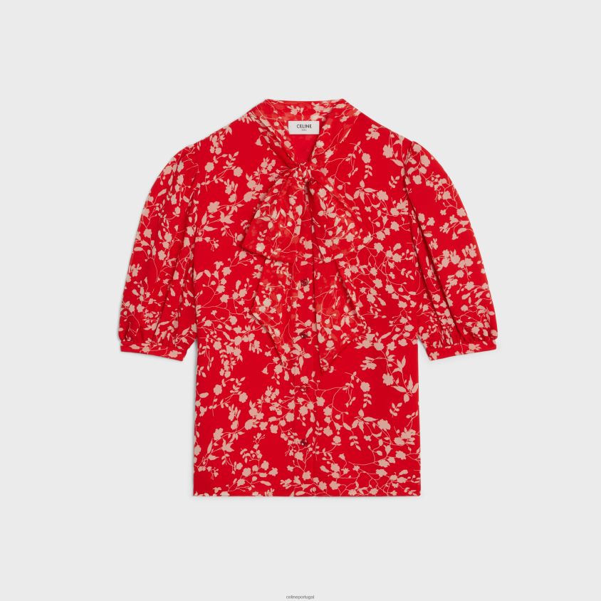 mulheres vestuário CELINE blusa lavalliere em georgette de seda rouge/craie T204R842