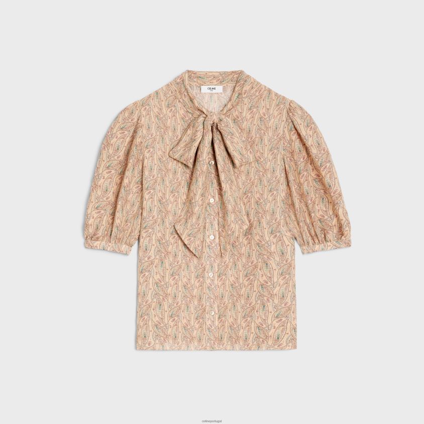 mulheres vestuário CELINE blusa lavalliere em viscose georgette craie/damasco/bleu T204R843