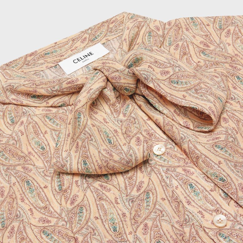 mulheres vestuário CELINE blusa lavalliere em viscose georgette craie/damasco/bleu T204R843