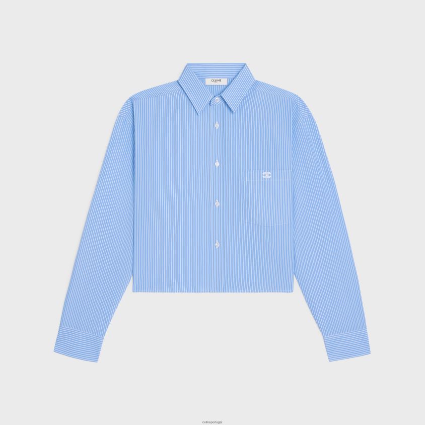 mulheres vestuário CELINE camisa cropped em popeline de algodão listrada azul/branco T204R835