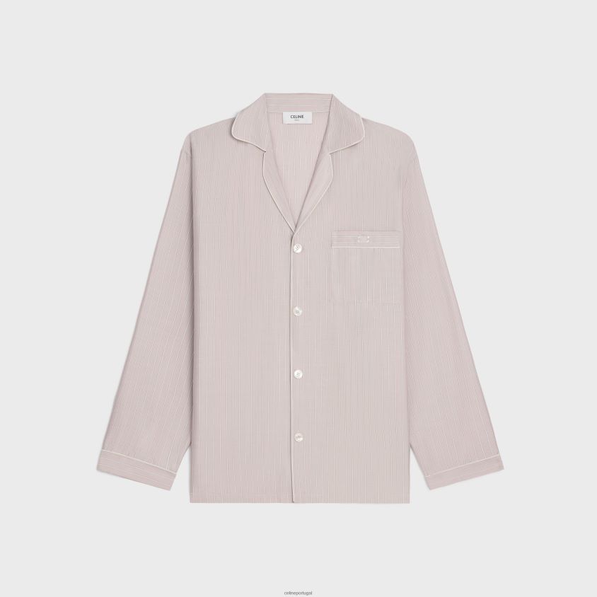 mulheres vestuário CELINE camisa de pijama em seda listrada Rose Clair/Craie T204R681