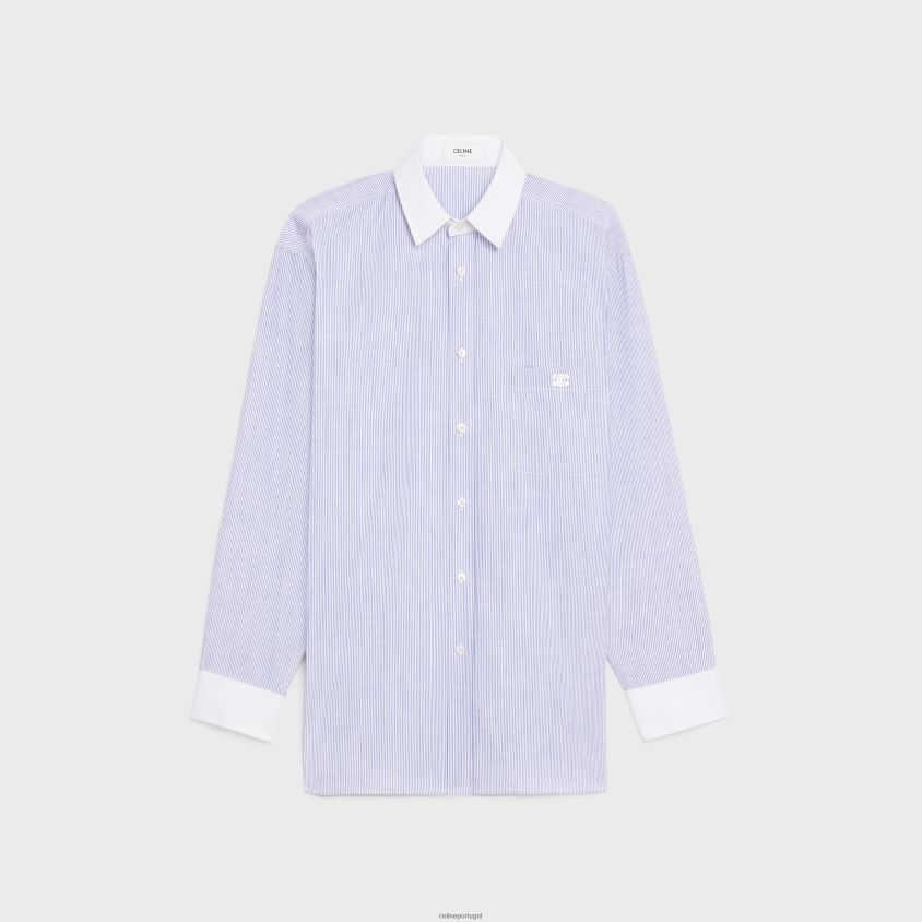 mulheres vestuário CELINE camisa oversized em algodão cambraia listrado craie/azul T204R840