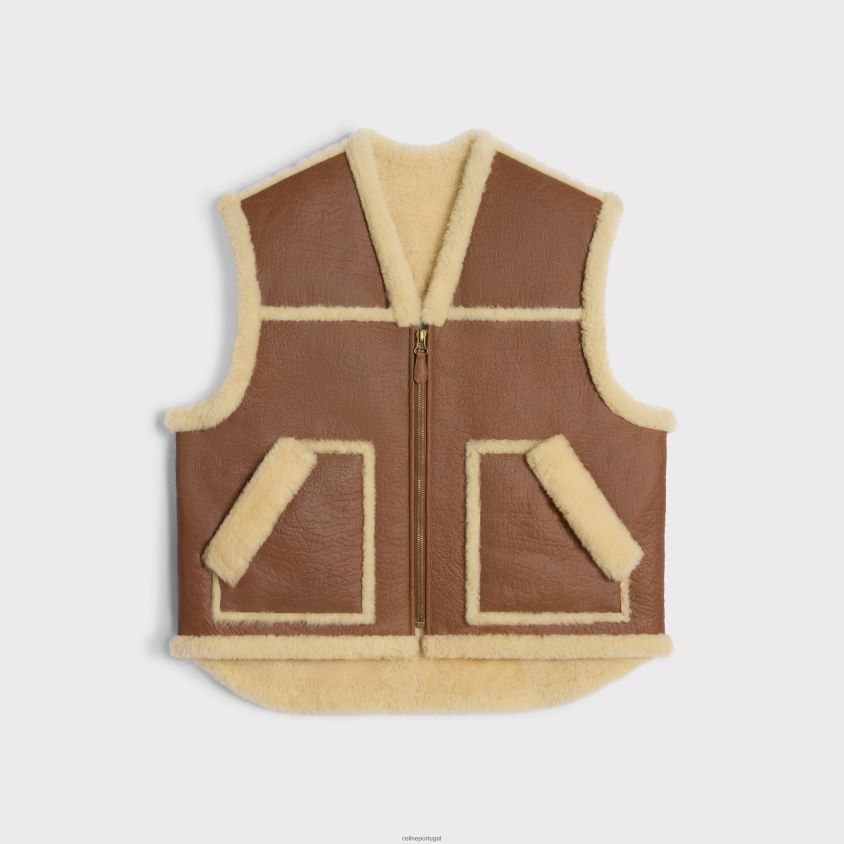 mulheres vestuário CELINE colete com acabamento vintage em shearling bronzeado/creme T204R626