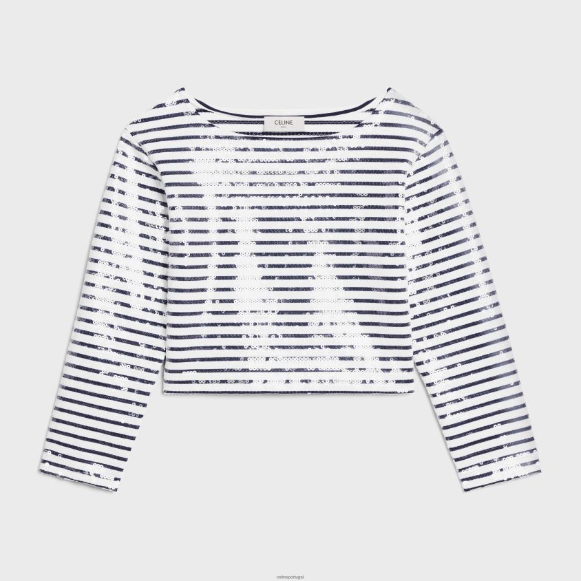 mulheres vestuário CELINE mariniere bordado em jersey de algodão off white/marinho T204R846