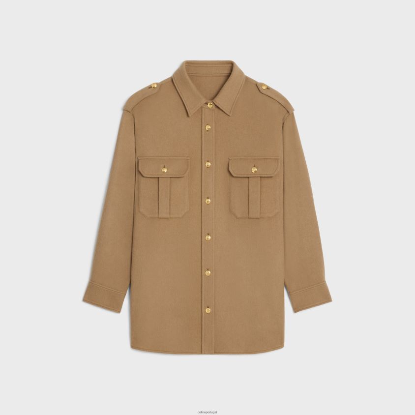 mulheres vestuário CELINE overshirt militar em flanela camurça T204R634