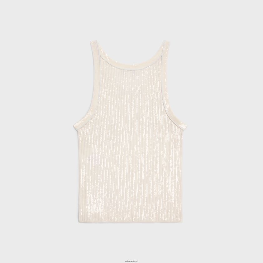 mulheres vestuário CELINE regata bordada em seda canelada off white T204R570