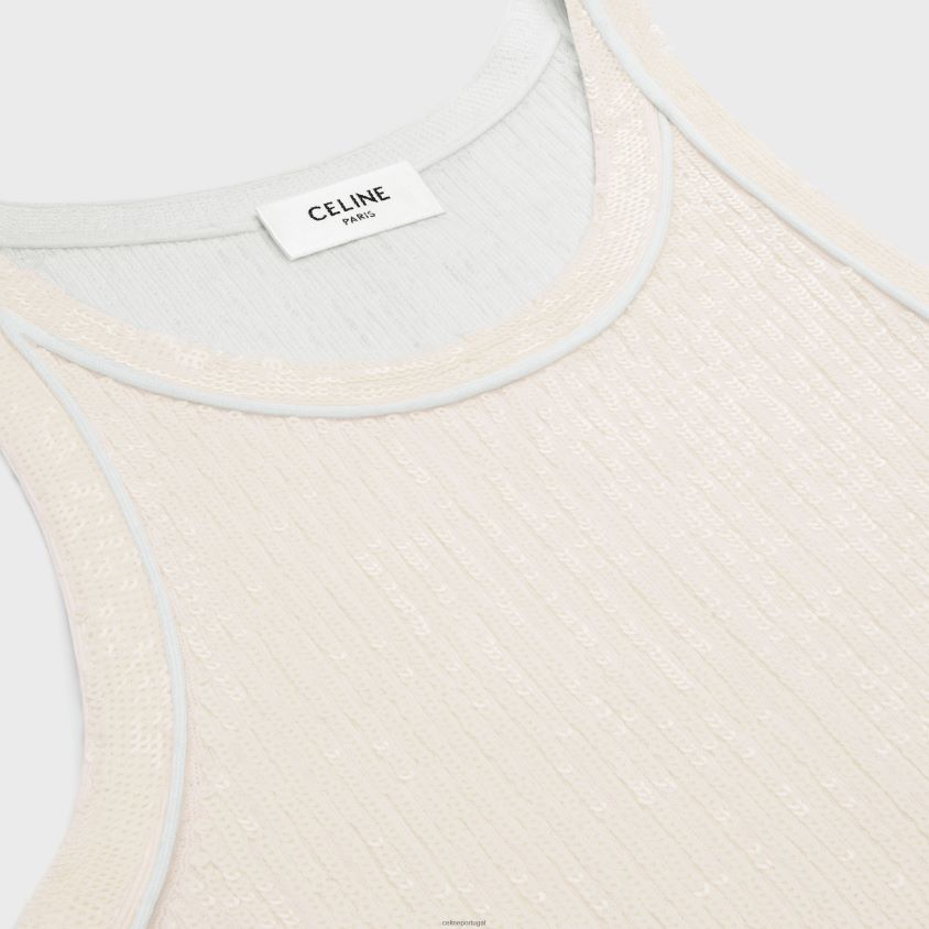 mulheres vestuário CELINE regata bordada em seda canelada off white T204R570