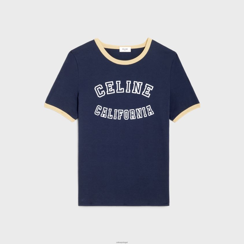 mulheres vestuário CELINE camiseta califórnia anos 70 em jersey de algodão bleu nuit/torta de limão/off wh T204R776