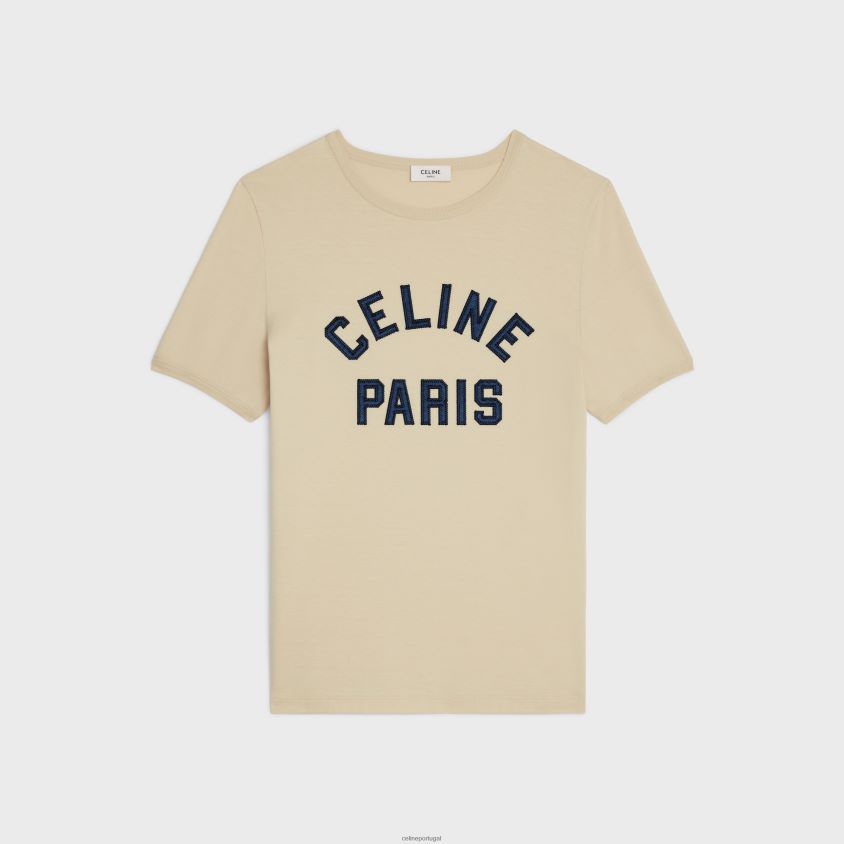 mulheres vestuário CELINE camiseta paris anos 70 em jersey de algodão champanhe fonce/marinha T204R676