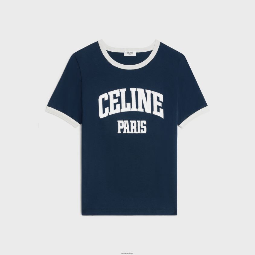 mulheres vestuário CELINE camiseta paris anos 70 em jersey de algodão marinho/off white T204R675