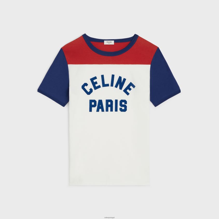 mulheres vestuário CELINE camiseta paris anos 70 em jersey de algodão off white/bleu berlin/profundo T204R774