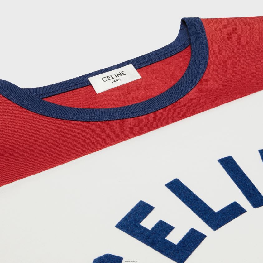 mulheres vestuário CELINE camiseta paris anos 70 em jersey de algodão off white/bleu berlin/profundo T204R774