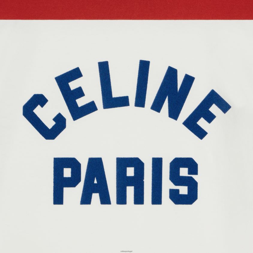 mulheres vestuário CELINE camiseta paris anos 70 em jersey de algodão off white/bleu berlin/profundo T204R774