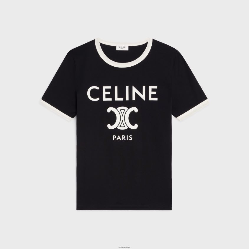 mulheres vestuário CELINE camiseta paris em jersey de algodão Preto branco T204R673