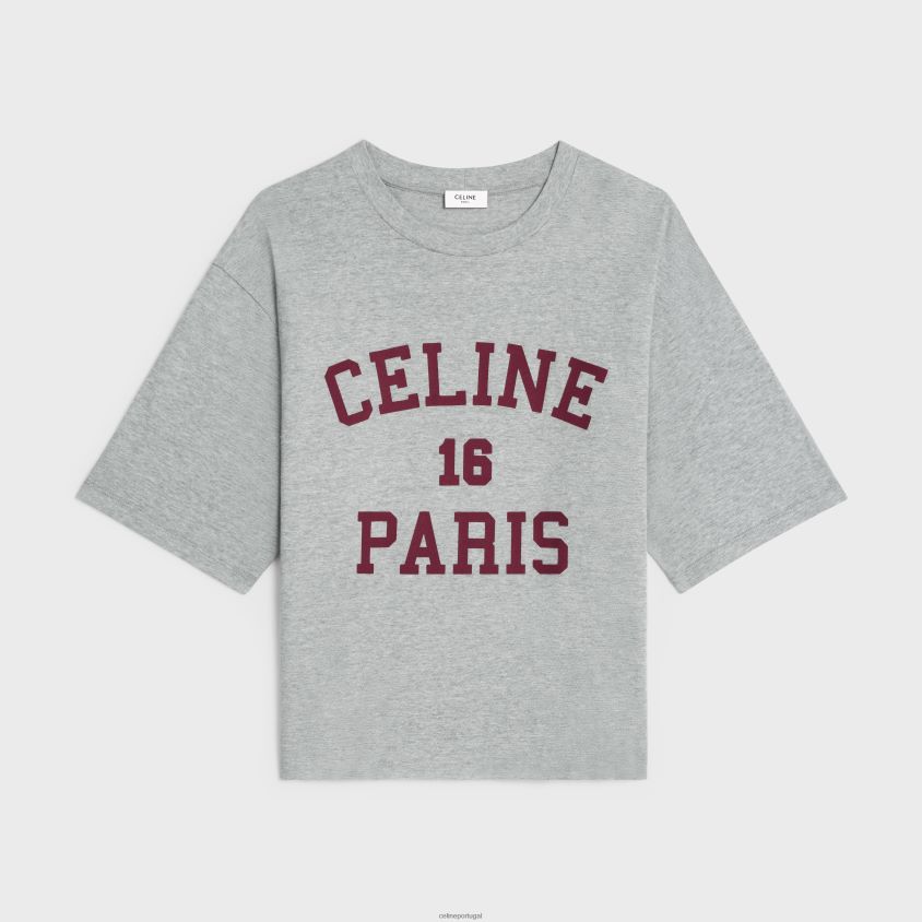mulheres vestuário CELINE camiseta paris em jersey de algodão cinza melange/bordô T204R772