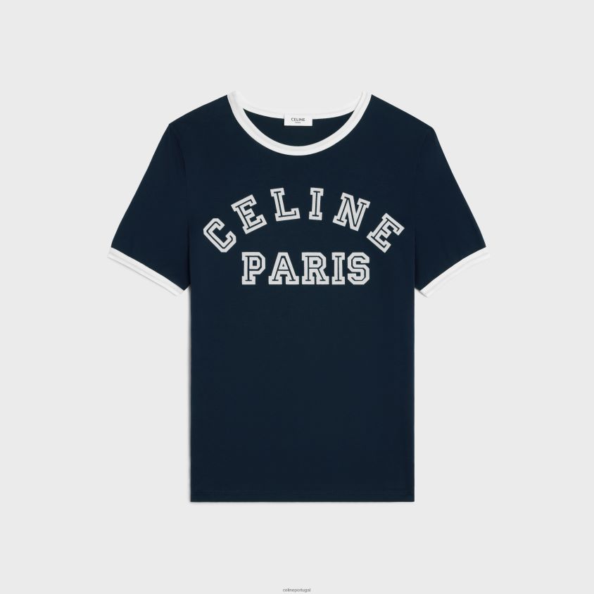 mulheres vestuário CELINE camiseta paris em jersey de algodão marinho/off white T204R674