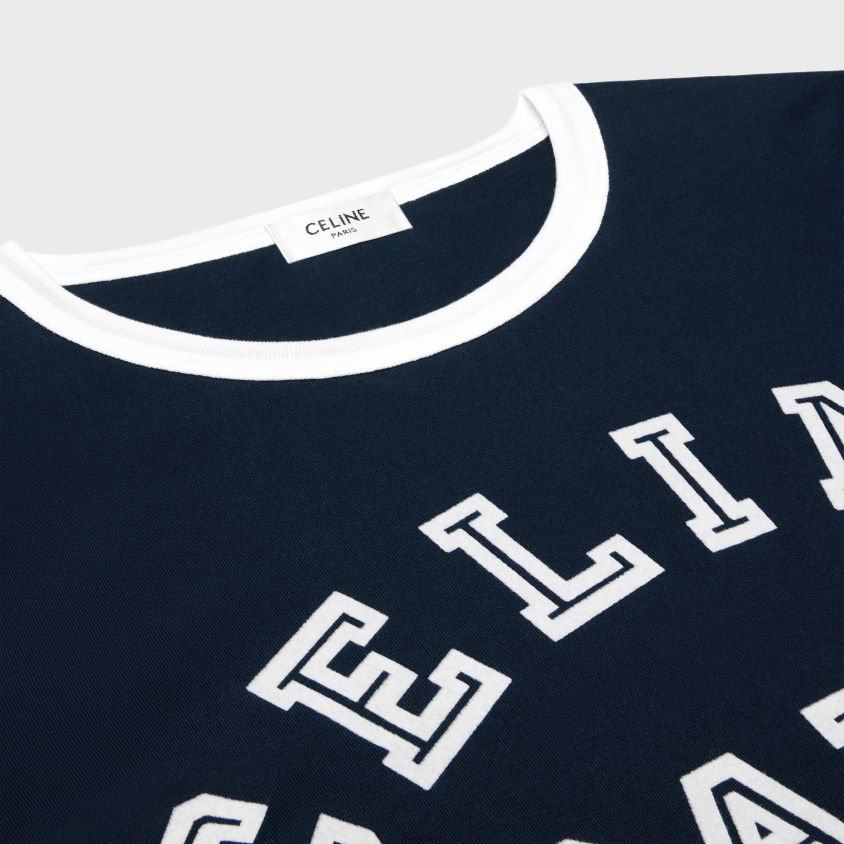 mulheres vestuário CELINE camiseta paris em jersey de algodão marinho/off white T204R674