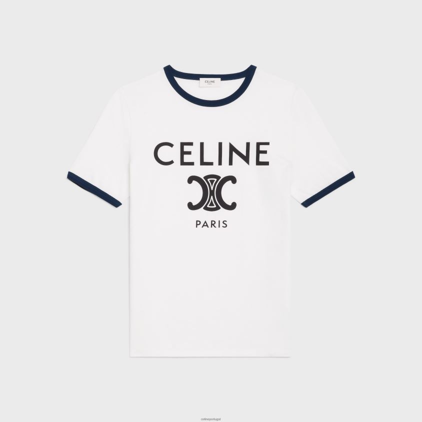 mulheres vestuário CELINE camiseta paris em jersey de algodão off white/marinho/preto T204R773