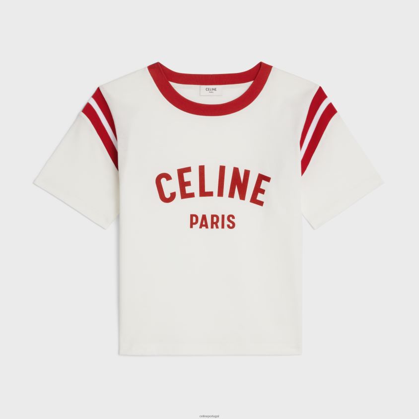 mulheres vestuário CELINE camiseta paris quadrada em jersey de algodão off white/vermelho escuro T204R777