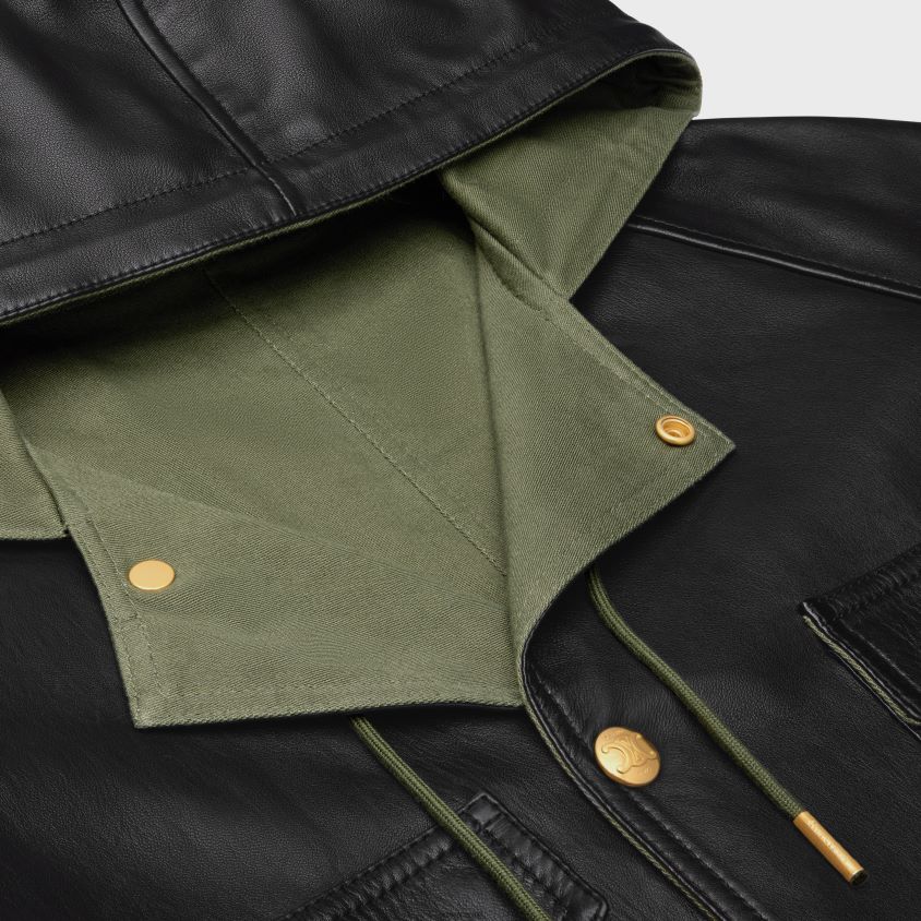 mulheres vestuário CELINE parka oversized em pele de cordeiro plonge preto/caqui T204R623