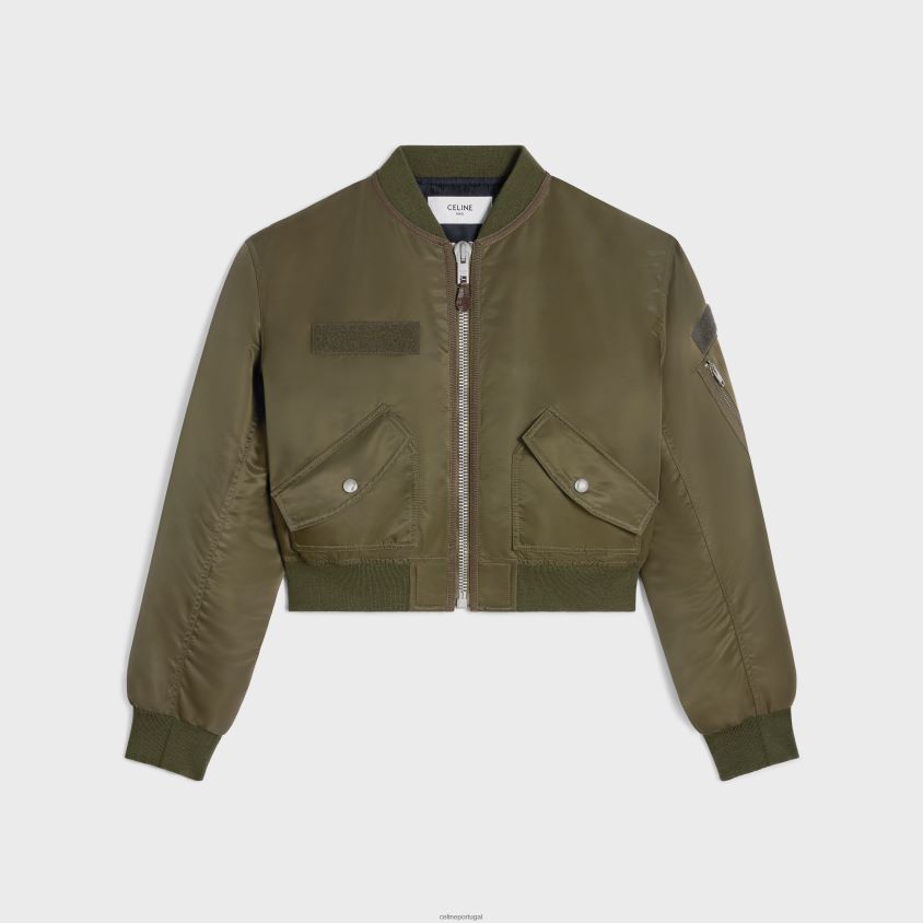 mulheres vestuário CELINE jaqueta bomber cropped em sarja de nylon verde militar T204R593