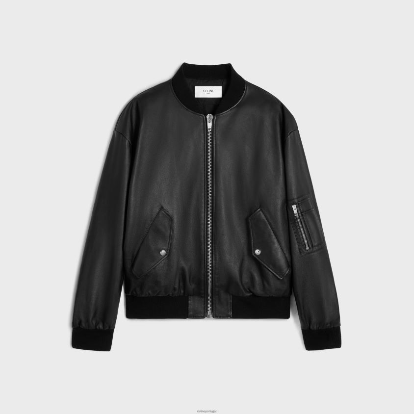 mulheres vestuário CELINE jaqueta bomber oversized em couro de bezerro preto T204R560