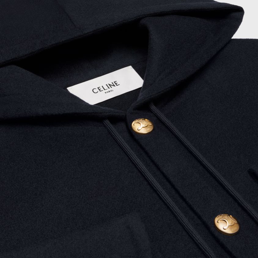 mulheres vestuário CELINE jaqueta com capuz em caxemira dupla face marinha T204R746