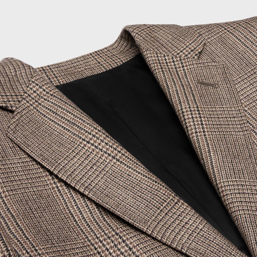 mulheres vestuário CELINE jaqueta curta em lã xadrez príncipe de gales bege/marron/noir T204R709