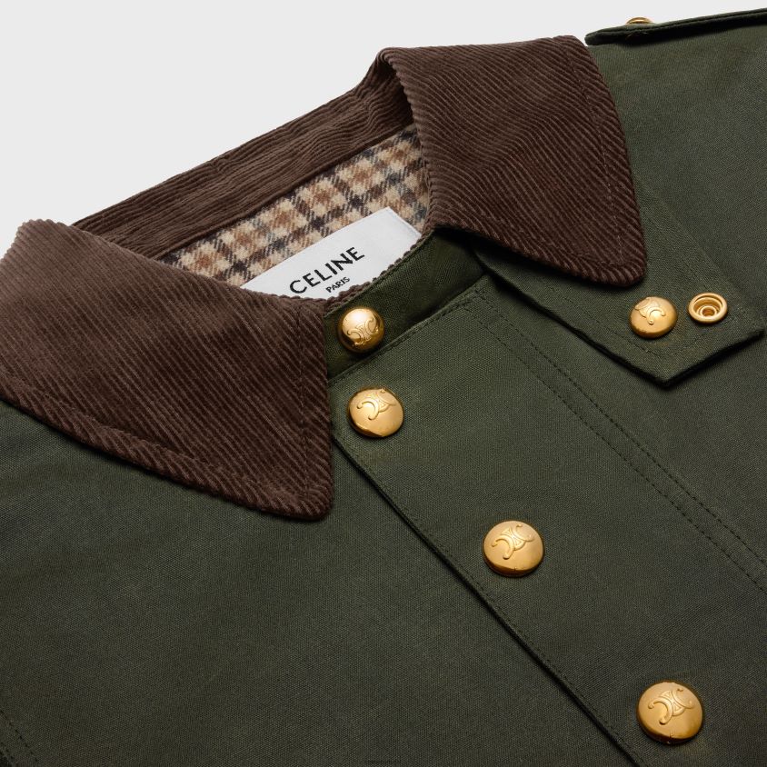 mulheres vestuário CELINE jaqueta de caça em tecido encerado caqui escuro T204R702