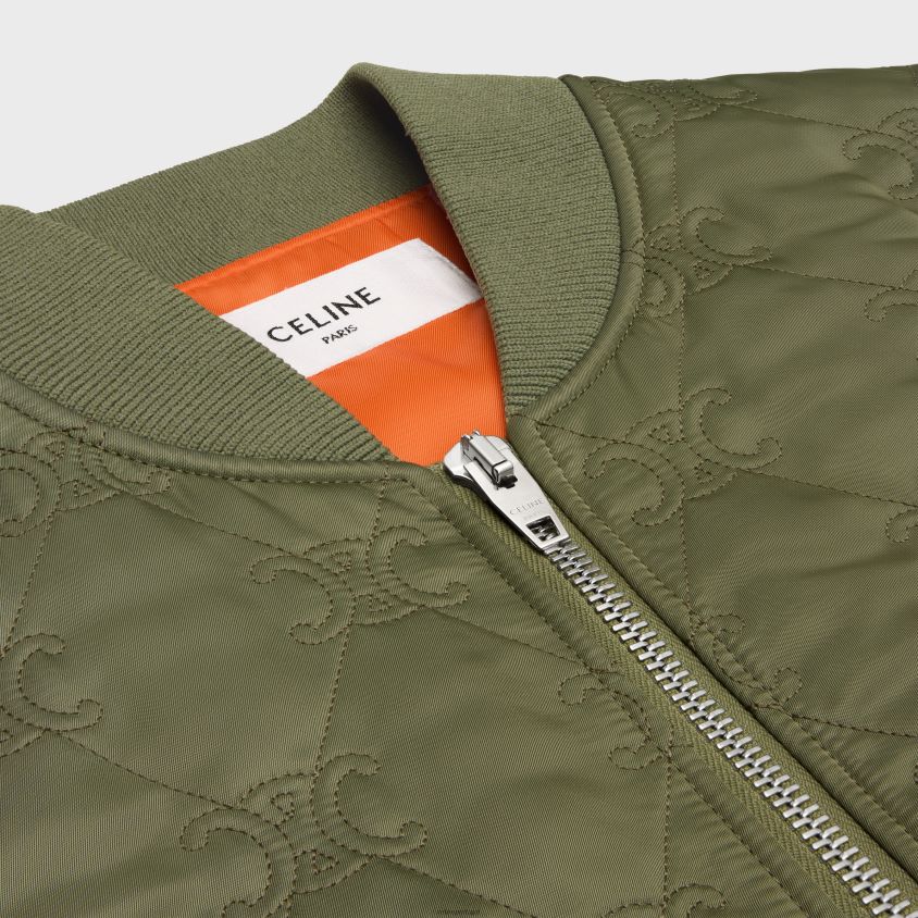 mulheres vestuário CELINE jaqueta de pelúcia triomphe oversized em sarja de náilon caqui T204R662