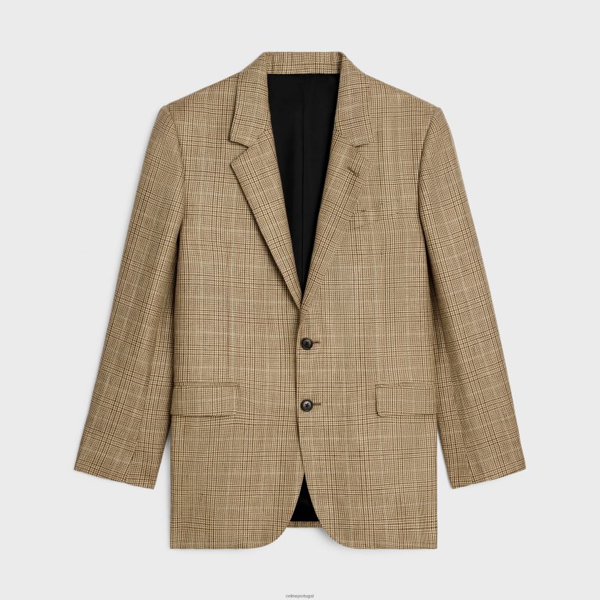 mulheres vestuário CELINE jaqueta jude em lã e linho príncipe de gales camelo/gris/marron T204R715