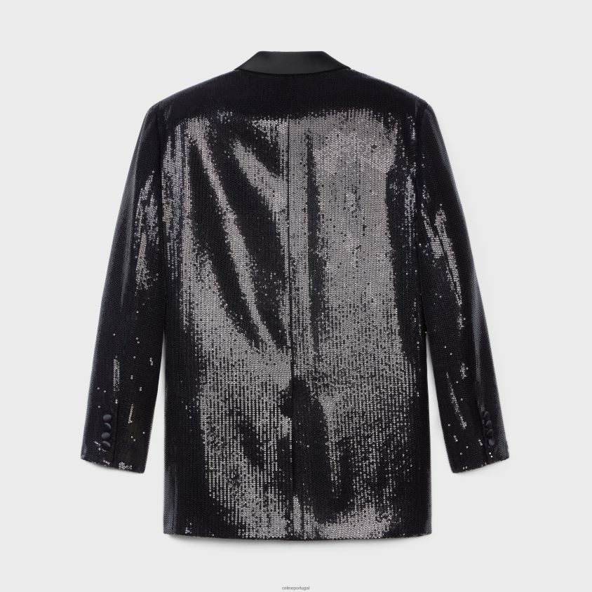 mulheres vestuário CELINE jaqueta kim smoking em zibelina com micro lantejoulas preto T204R722