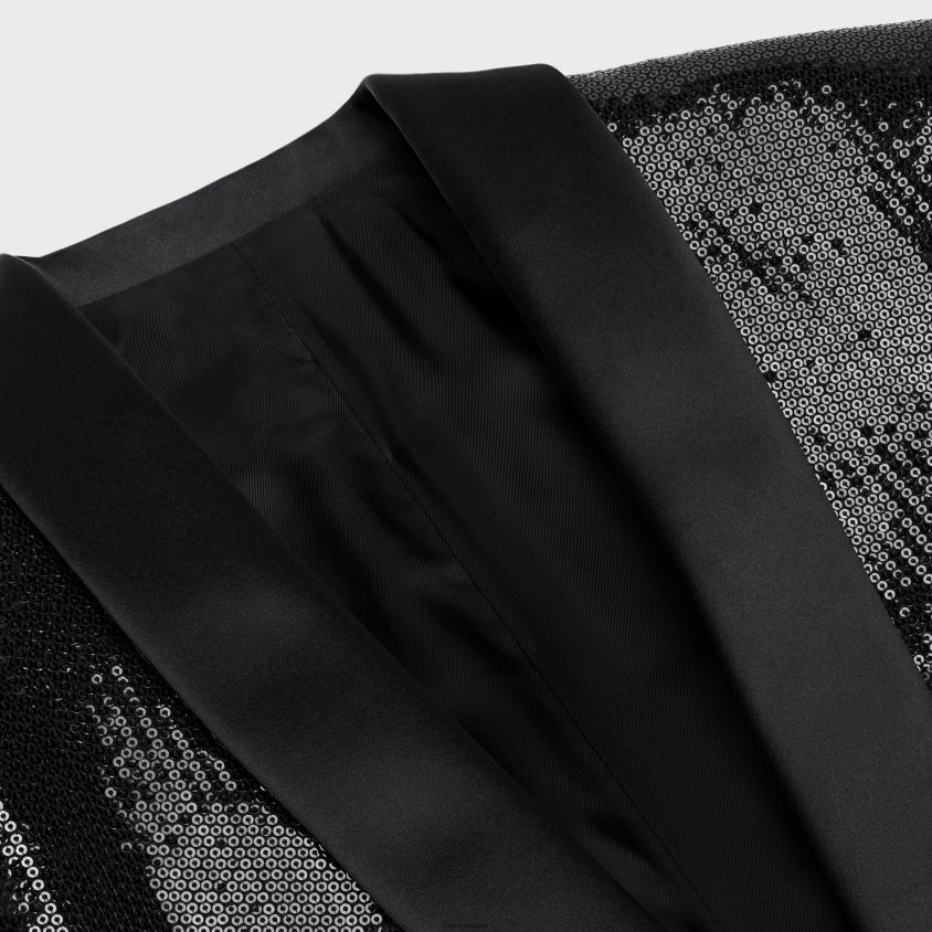 mulheres vestuário CELINE jaqueta kim smoking em zibelina com micro lantejoulas preto T204R722