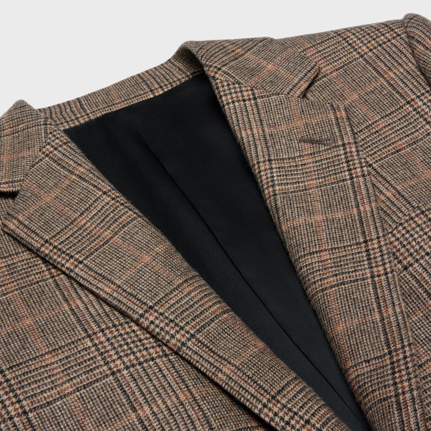 mulheres vestuário CELINE jaqueta longa em caxemira príncipe de gales camelo/noisette/noir T204R708