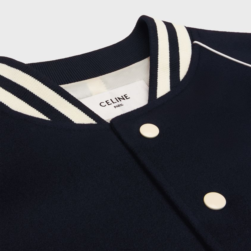 mulheres vestuário CELINE jaqueta triomphe teddy em tecido de lã marinha T204R665