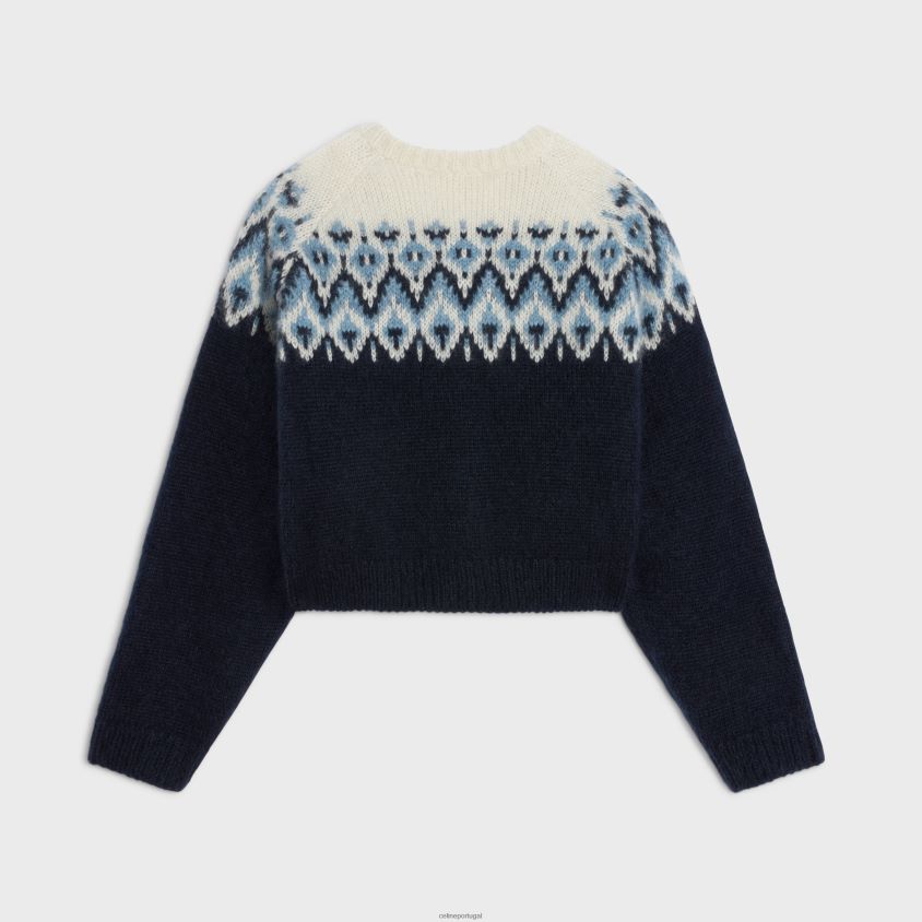 mulheres vestuário CELINE cardigã fair isle em mohair e seda azul/ off white T204R562