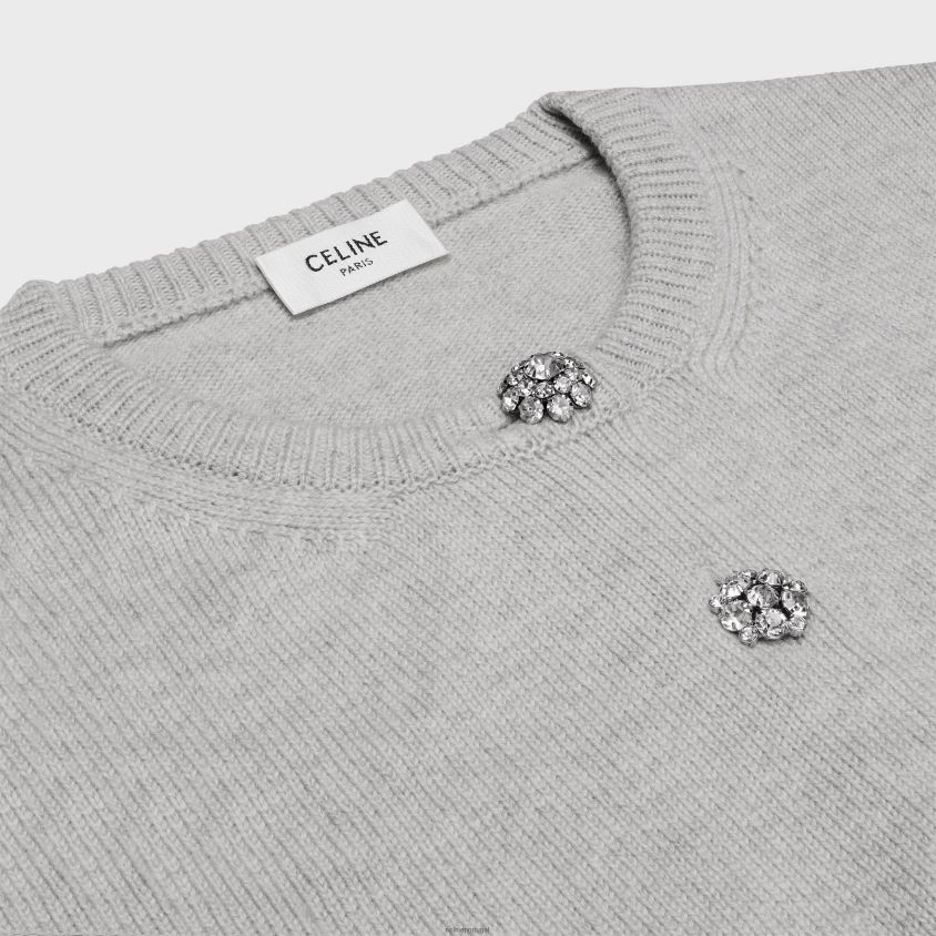 mulheres vestuário CELINE cardigã triomphe em caxemira tradicional cinza claro T204R761