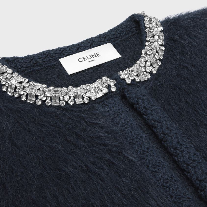 mulheres vestuário CELINE cardigan bordado em mohair escovado azul T204R617